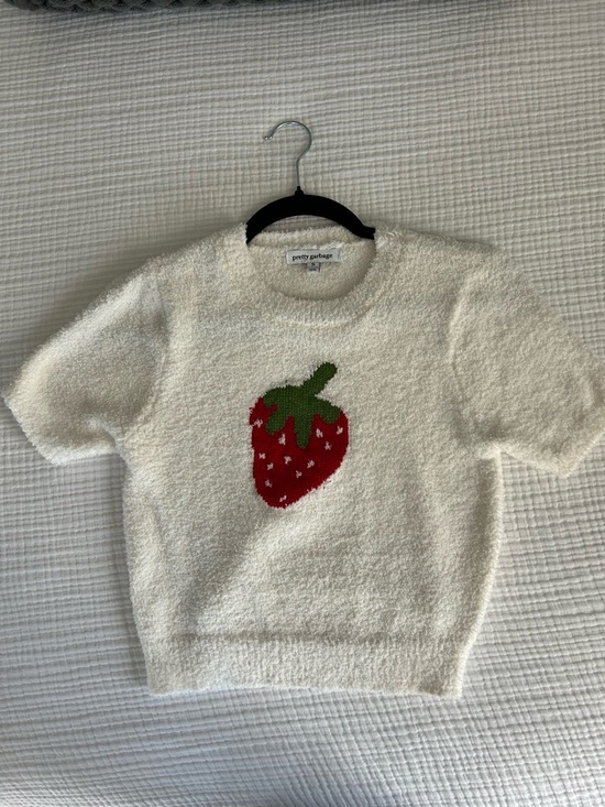 Pretty Garbage Tops - Pretty Garbage Cream Short-Sleeve Bouclé Top with Strawberry Motif